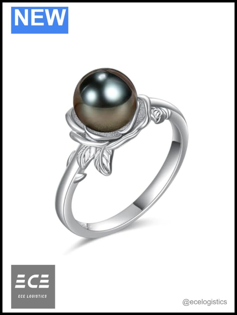 925 Sterling Silver Tahitian Black Pearl Floral Ring Size 9 Promise Gift